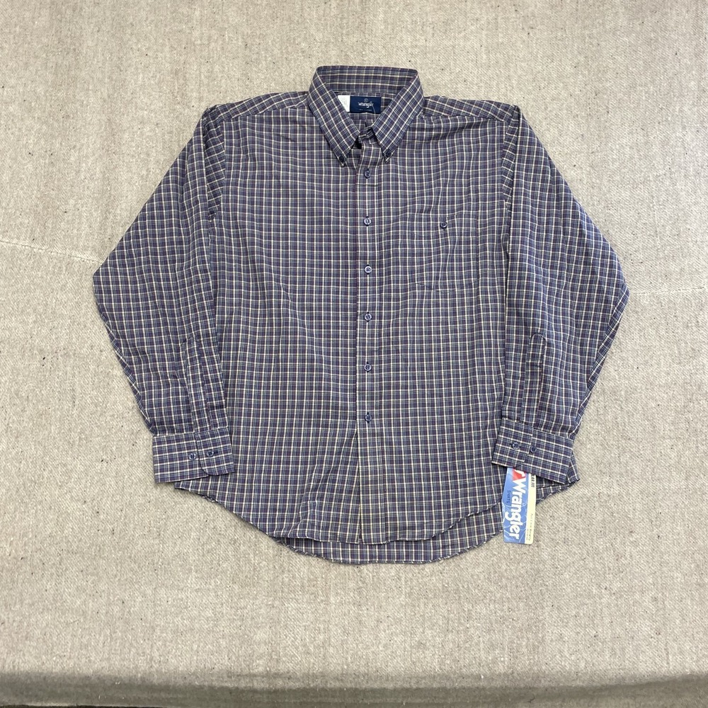 vintage Wrangler Plaid button shirt‎ mens xl Blue 1980s Deadstock Long Sleeve